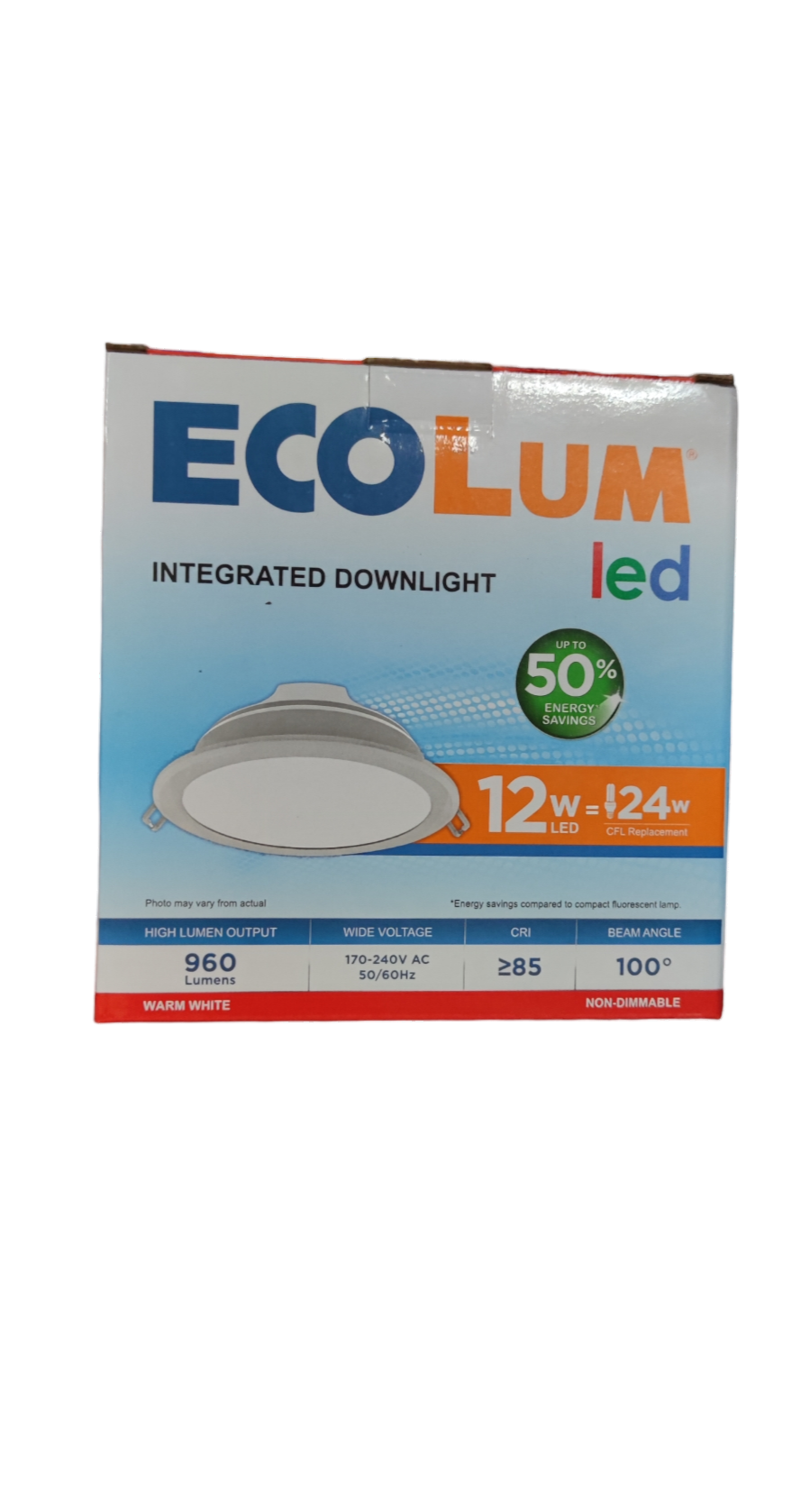 Ecolum 12W LED downlight warm white integrated downlight in white packaging with energy saving label