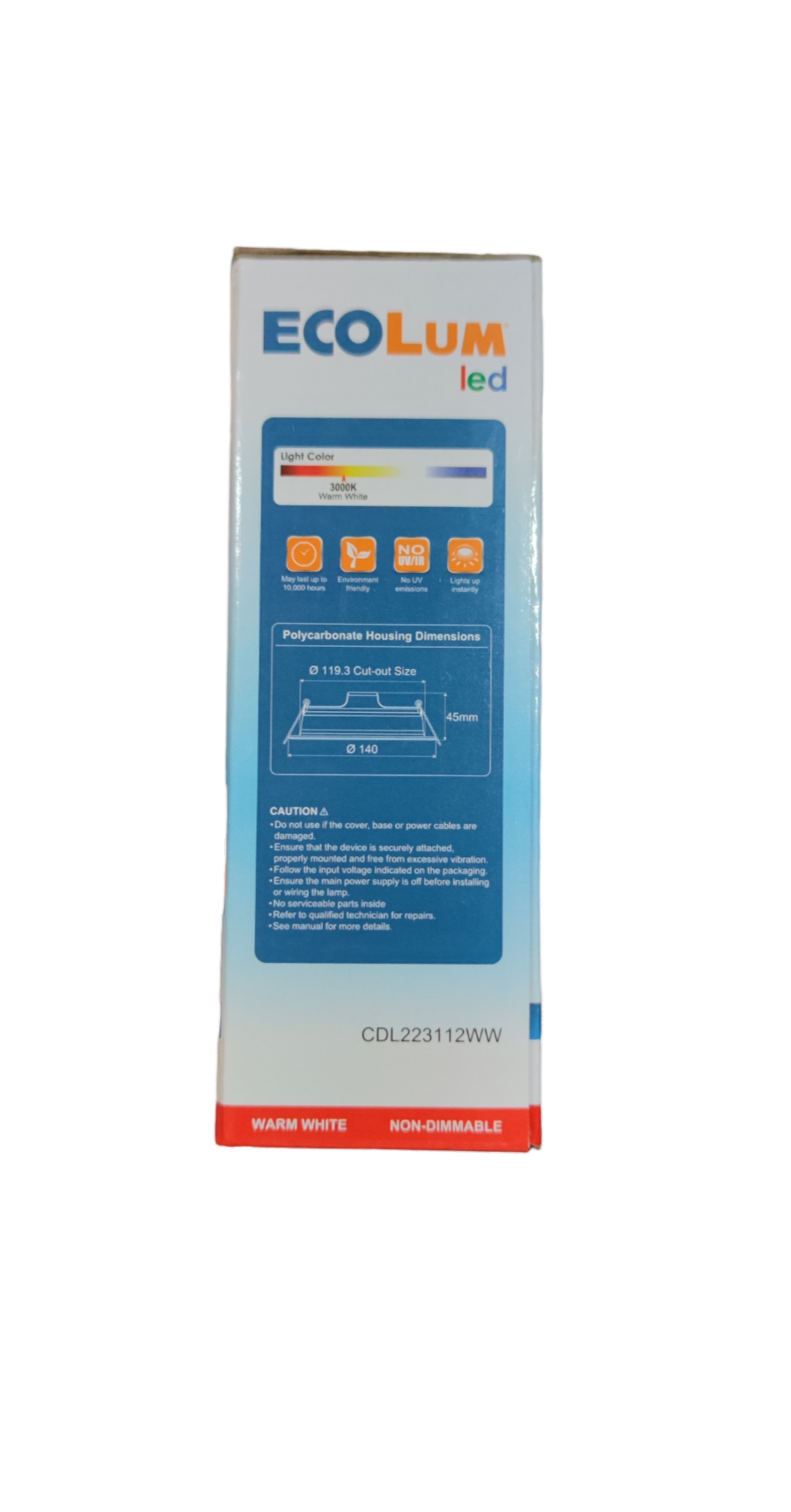 Ecolum 12W LED downlight warm white packaging with product specifications and features