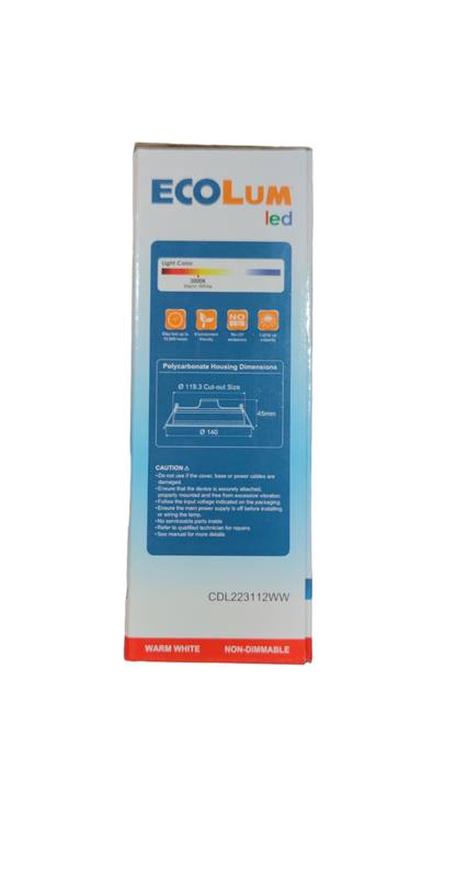 Ecolum 12W LED downlight warm white packaging with product specifications and features