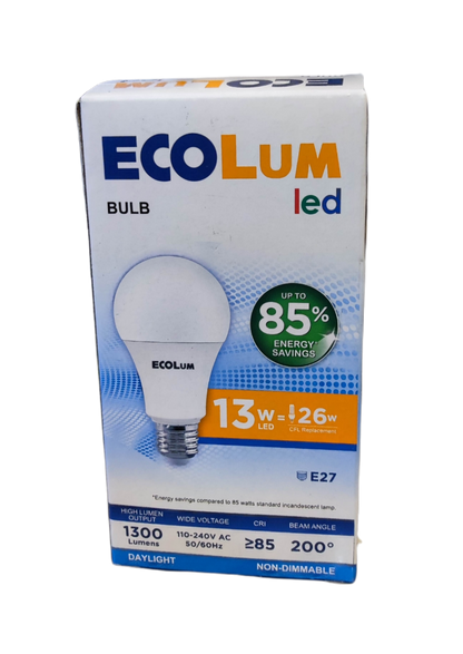 Ecolum 13W LED bulb E27 in packaging showing energy savings and daylight output