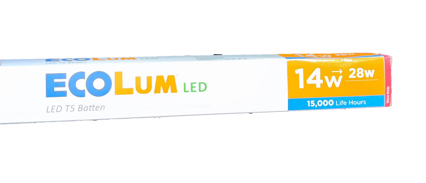 Ecolum 14W T5 LED batten 220V 3000K packaging showcasing energy efficiency and long life