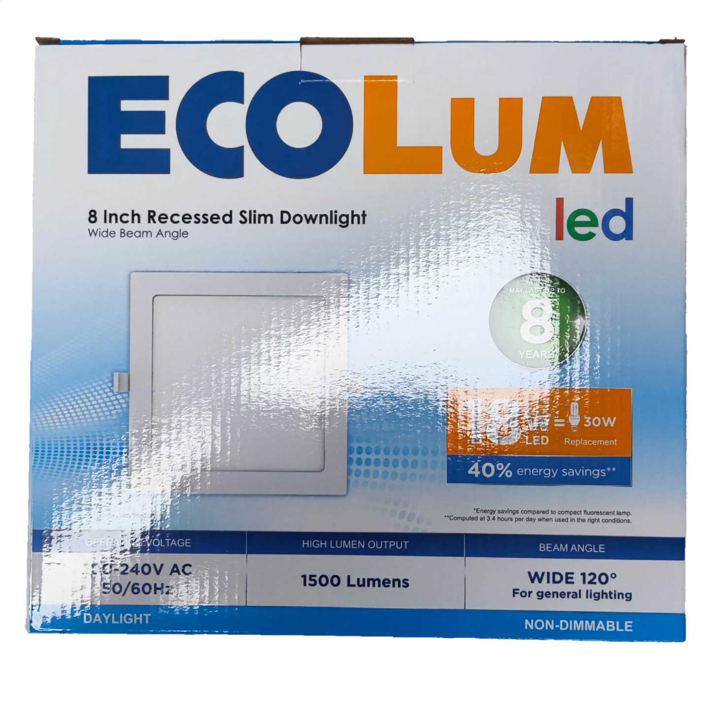 Ecolum 18W LED downlight square in daylight, ideal for general lighting with energy savings