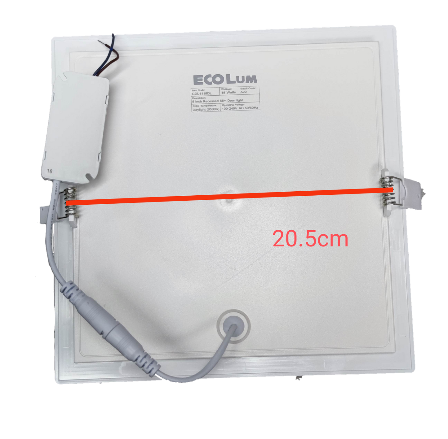Ecolum 18W LED downlight square with a sleek design and installation wiring visible on the back