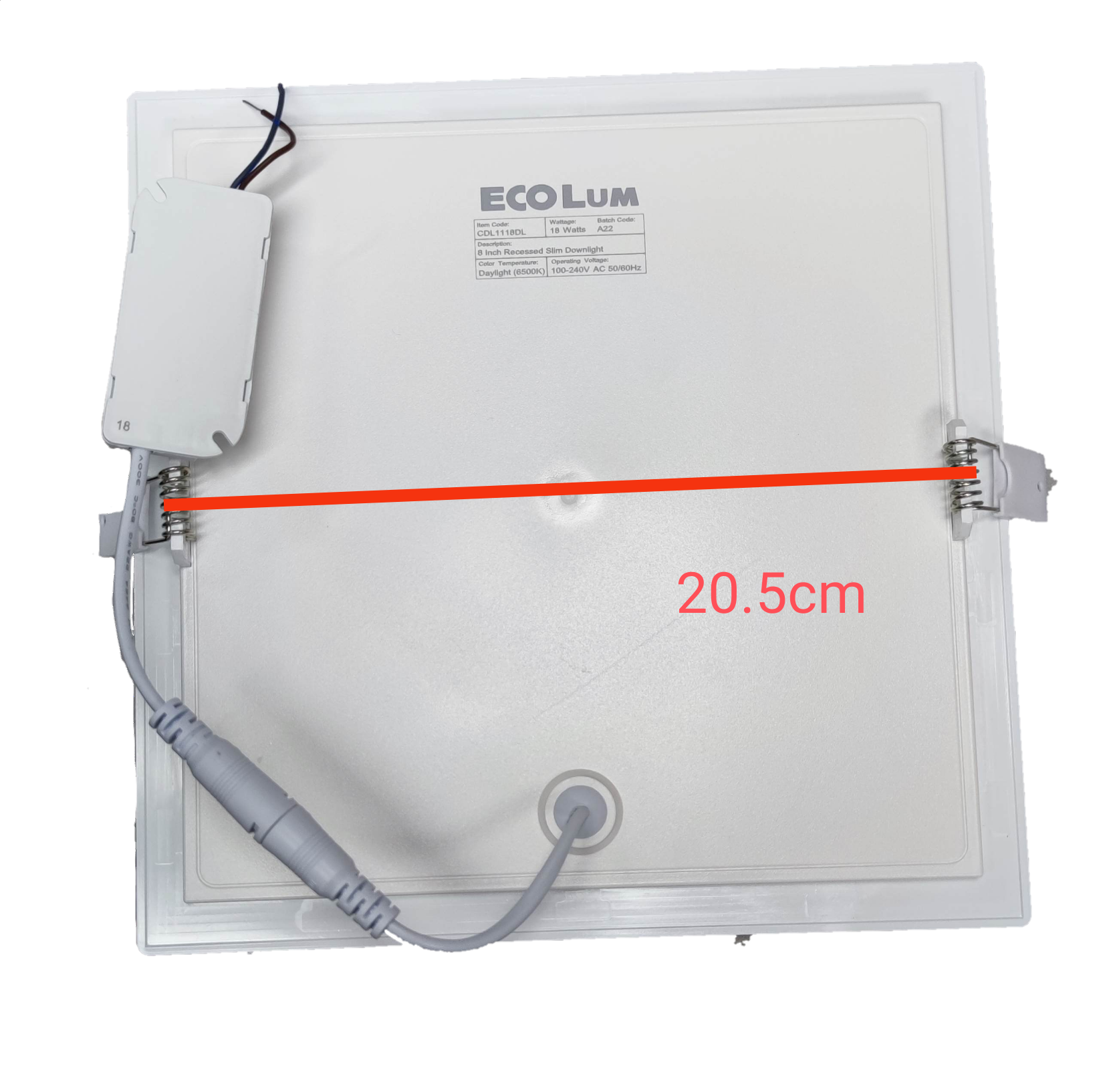 Ecolum 18W LED downlight square with a sleek design and installation wiring visible on the back
