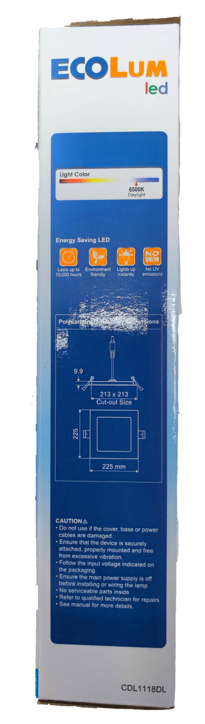 Ecolum 18W LED downlight square packaging with detailed specifications and dimensions for easy installation.