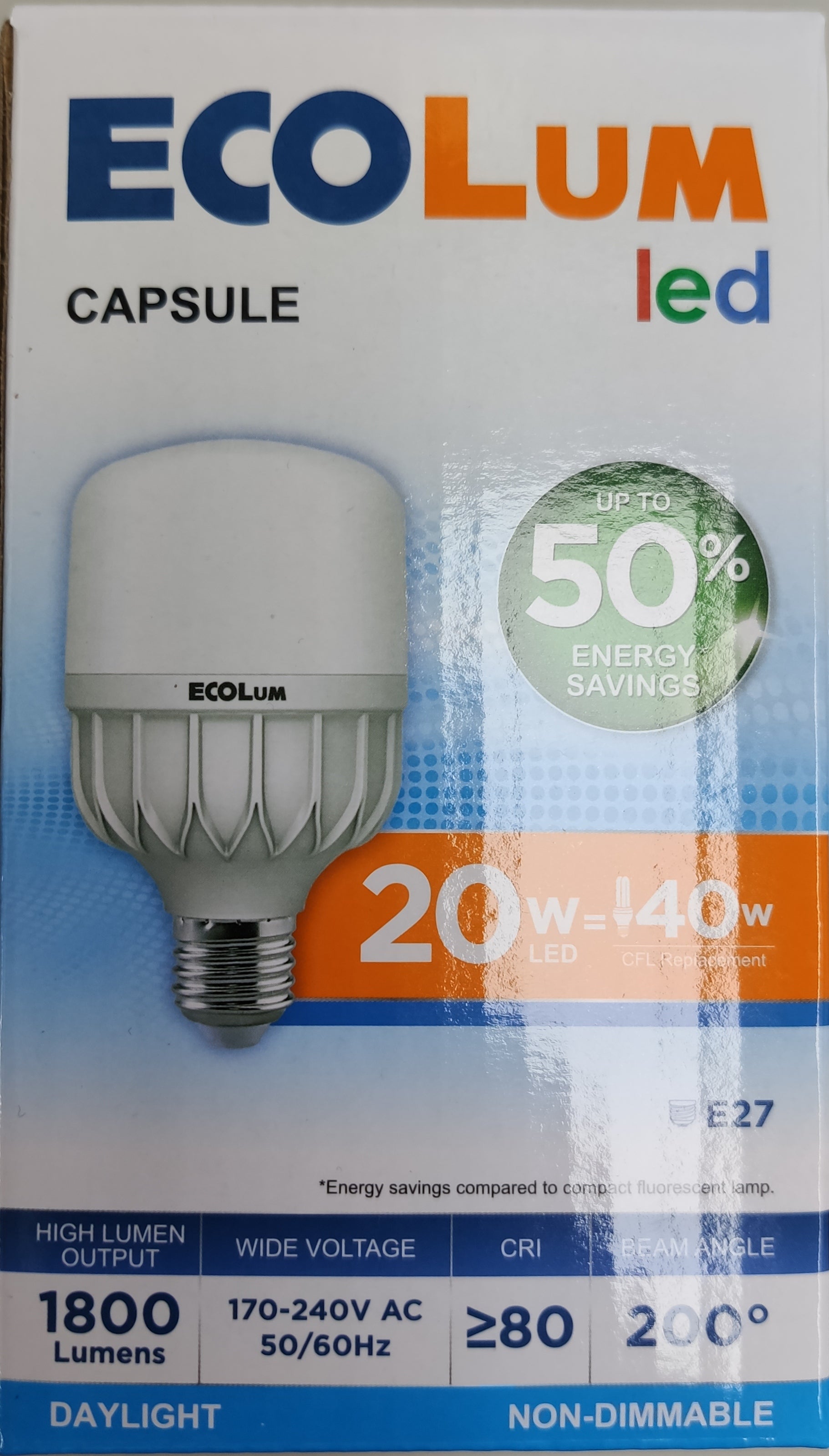 Ecolum 20W LED Capsule E27 Bulb with high lumen output for energy-efficient lighting