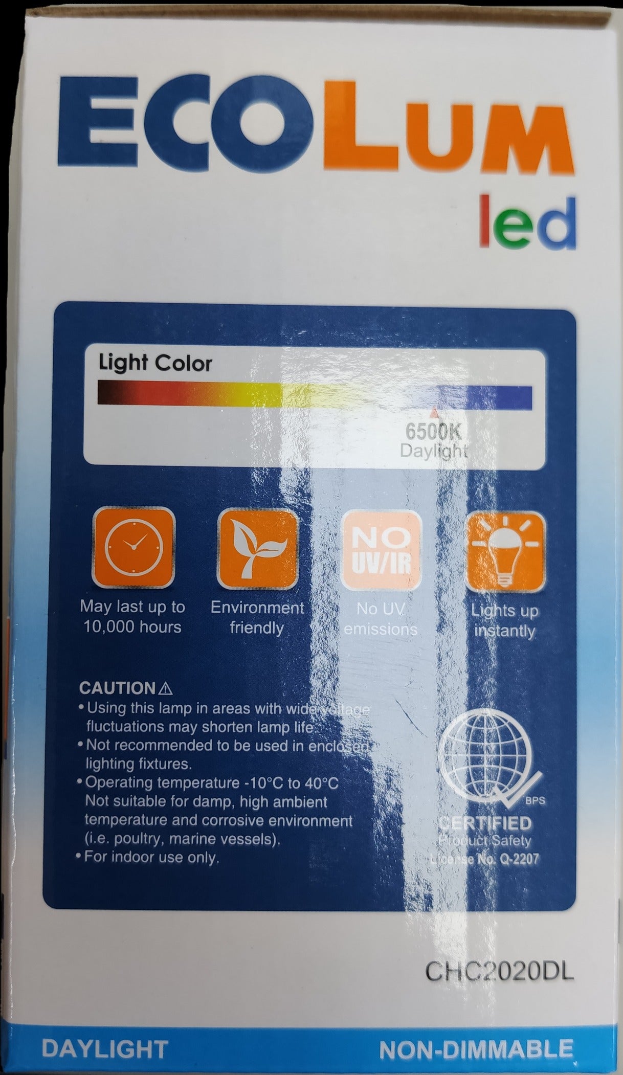 Ecolum 20W LED Capsule E27 Bulb packed in a box showcasing daylight features and energy efficiency