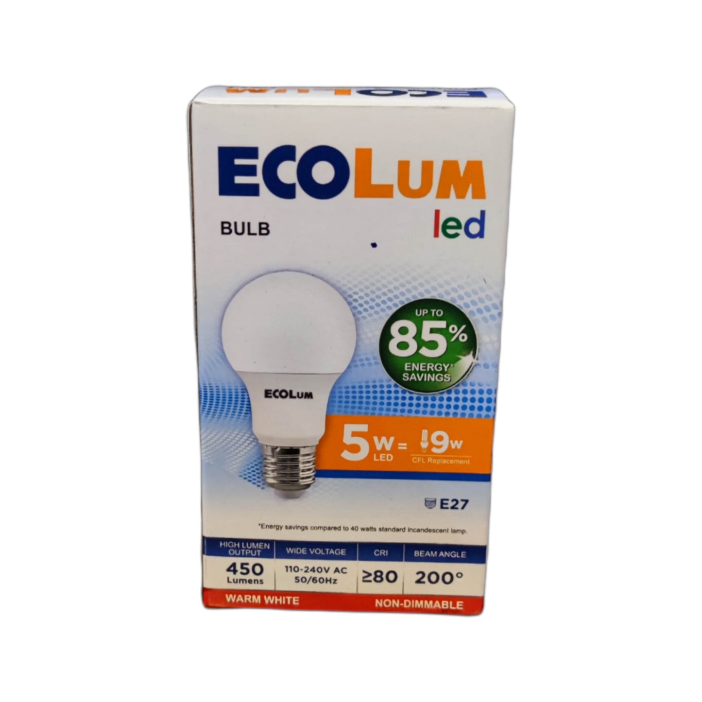 ECOLUM 5W 220V E27 LED light bulb E27 3000K Warm White with 450 Lumens for energy savings