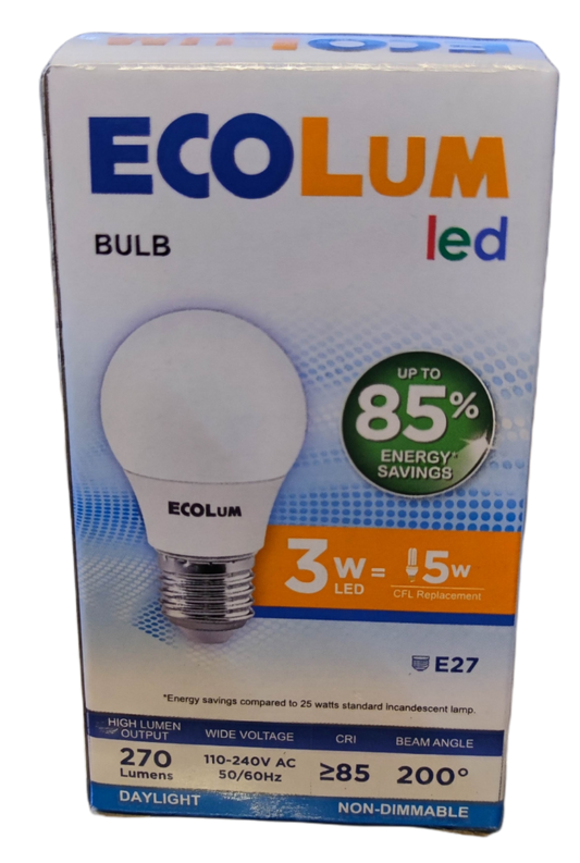 Ecolum 3W LED bulb E27 220V with up to 85 percent energy savings and daylight color temperature