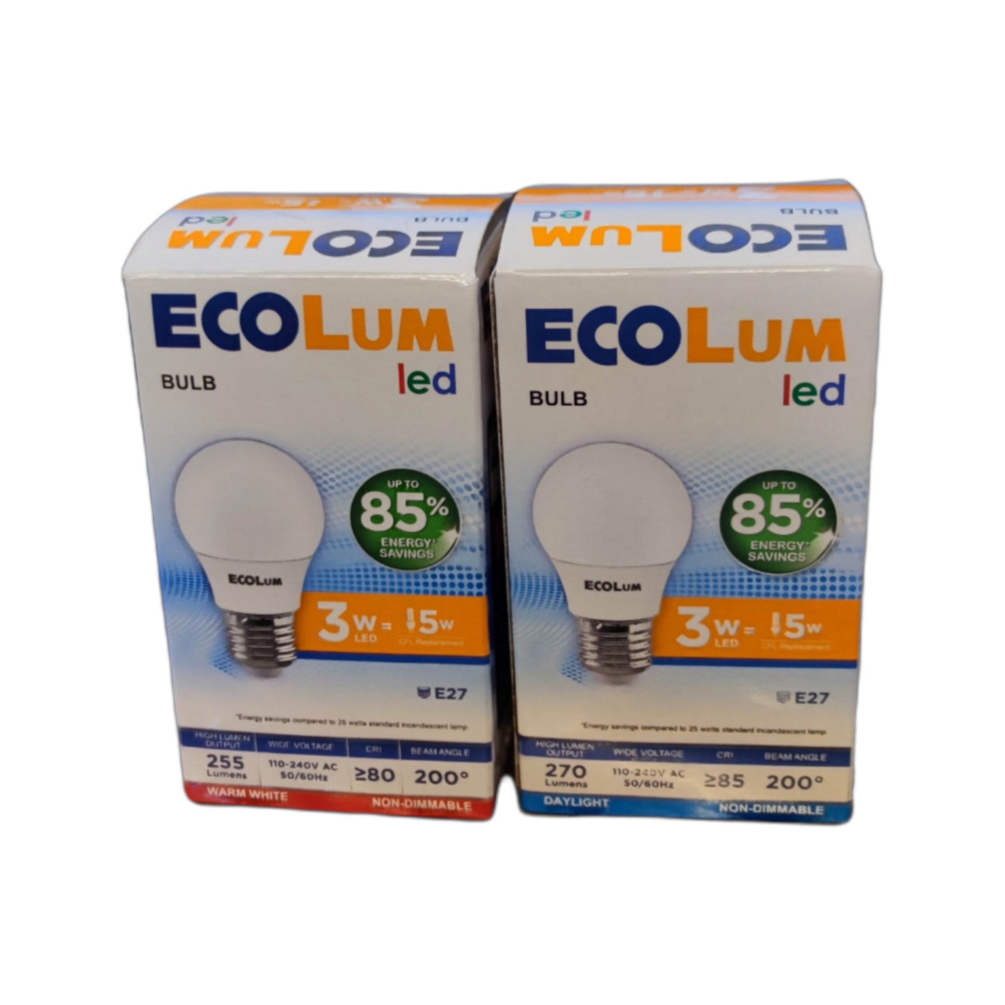 Ecolum 3W LED bulb warm white 220V E27 3000K packaging with energy-saving details