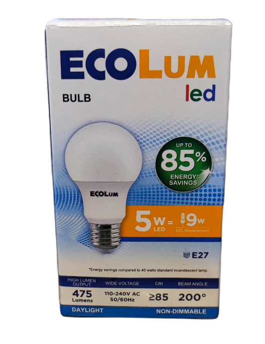 Ecolum 5W LED bulb E27 daylight with energy saving and 475 lumens output in retail packaging