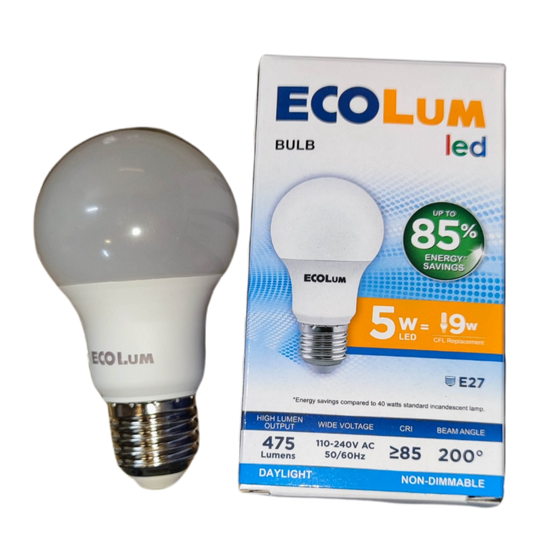 Ecolum 5W LED bulb E27 daylight with energy saving and 475 lumens output shown with packaging