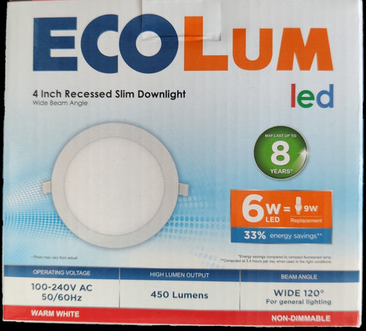 Ecolum 6W LED recessed round downlight 4 inch recessed slim ceiling light with wide 120 degree beam angle