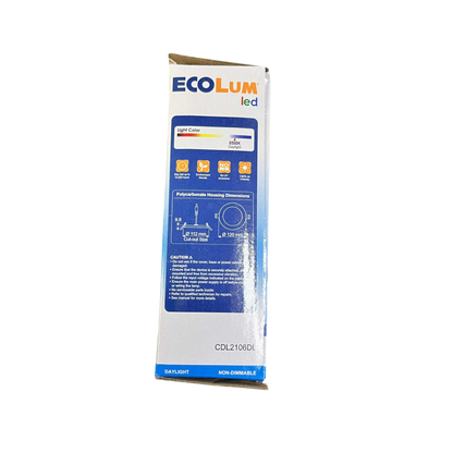 Ecolum 6W LED recessed slim downlight packaging showing specifications and features