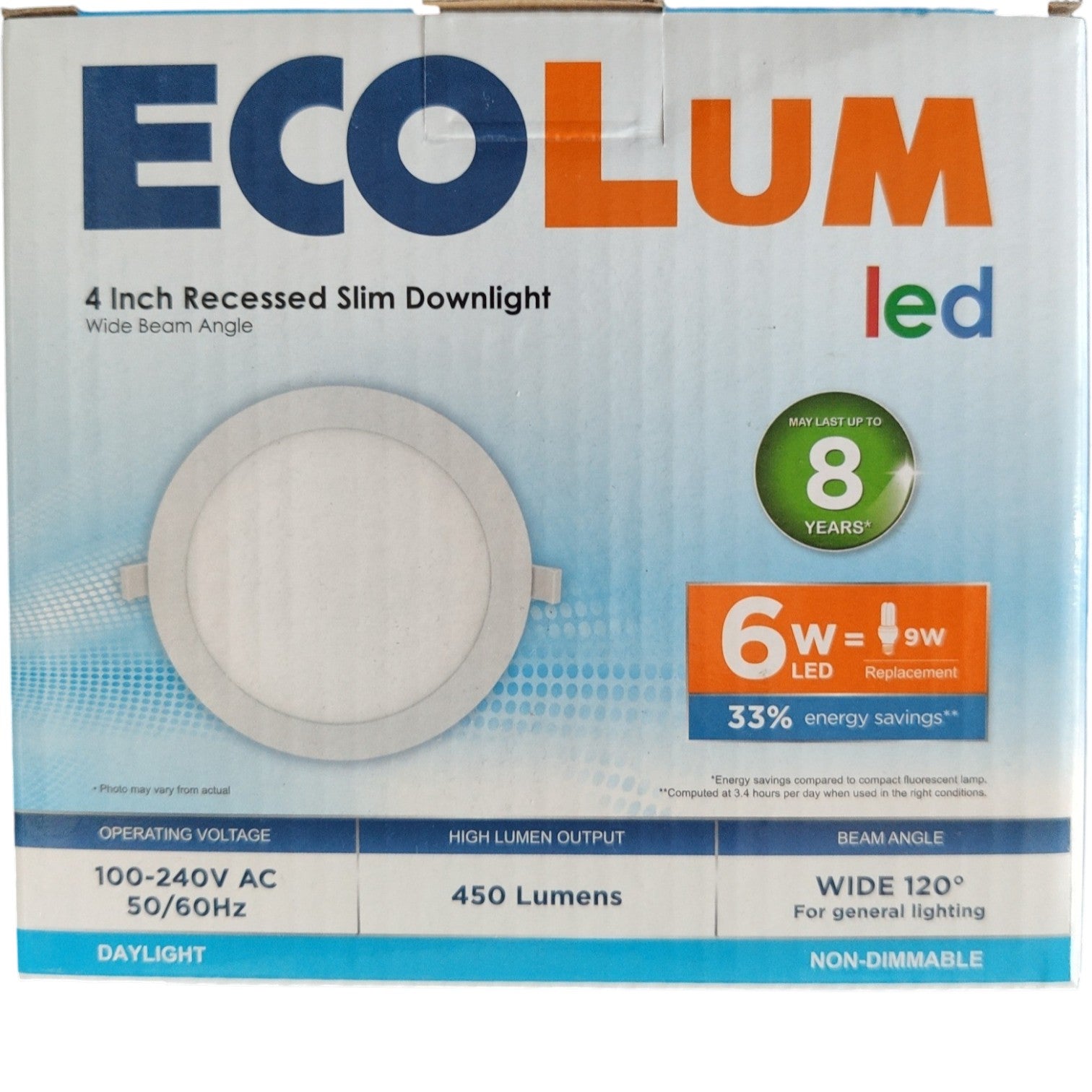 Ecolum LED recessed slim downlight packaging with specifications on a white background