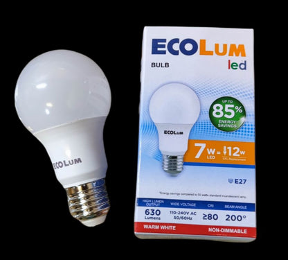 Ecolum 7W LED Bulb E27 220V Warm White showing bulb and packaging with energy savings details