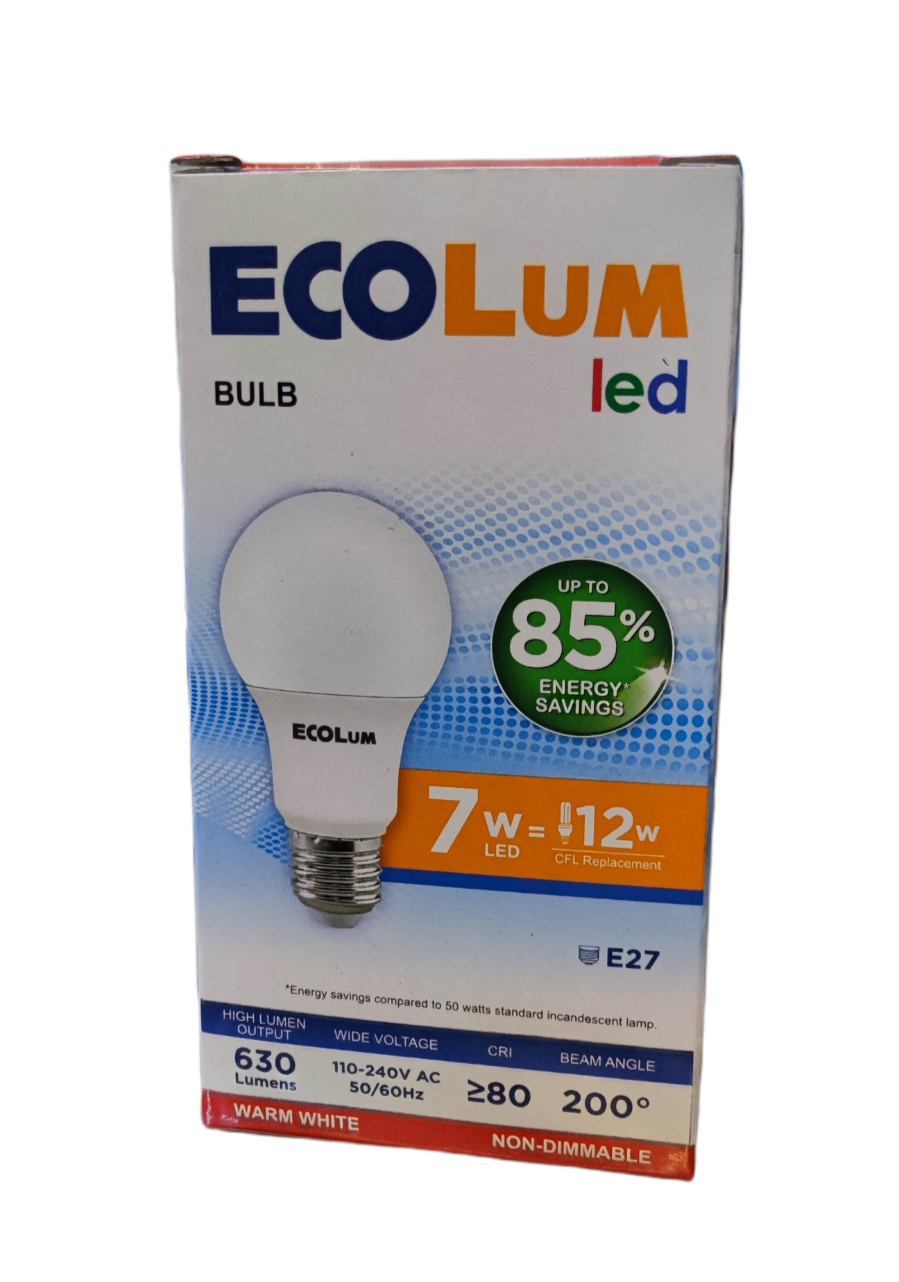 Ecolum 7W LED Bulb E27 220V Warm White with up to 85 percent energy savings in retail packaging