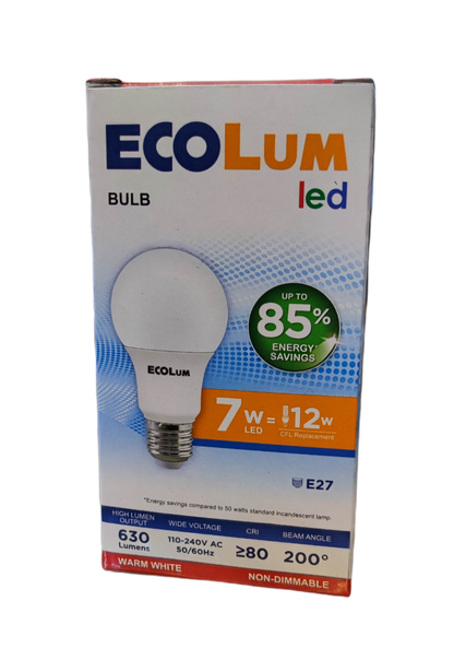 Ecolum 7W LED Bulb E27 220V Warm White with up to 85 percent energy savings in retail packaging