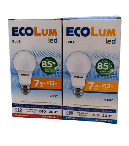Ecolum 7W LED bulb E27 daylight 220V packaging showcasing energy savings and bulb specifications