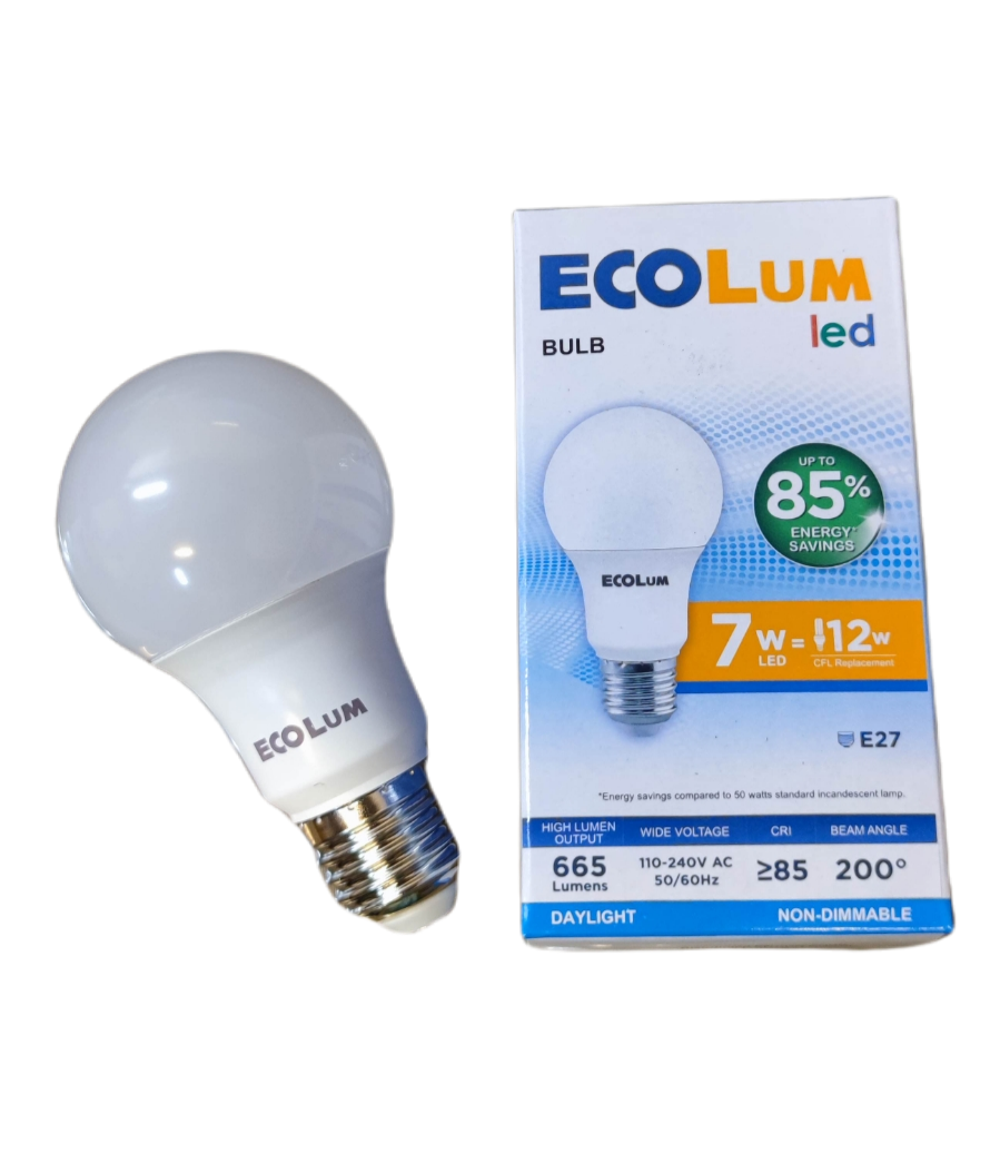 Ecolum 7W LED bulb E27 daylight 220V with energy-efficient packaging and specifications