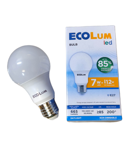 Ecolum 7W LED bulb E27 daylight 220V with energy-efficient packaging and specifications