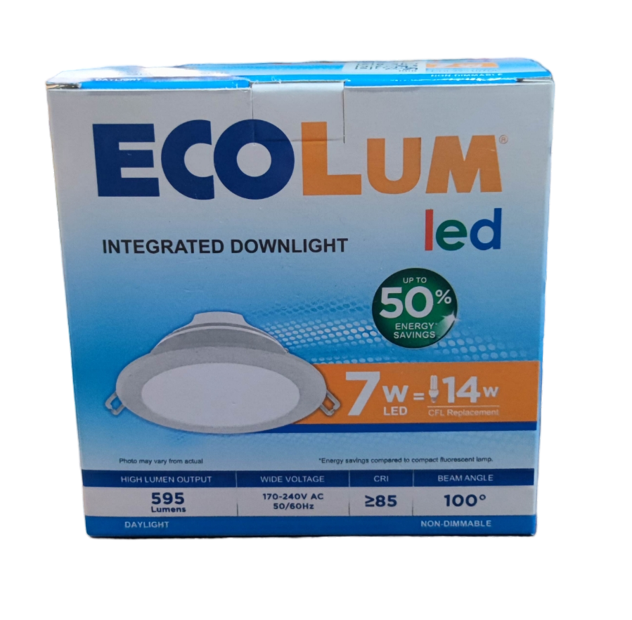Ecolum 7W LED downlight daylight 6500K in a packaging showcase with energy-saving features