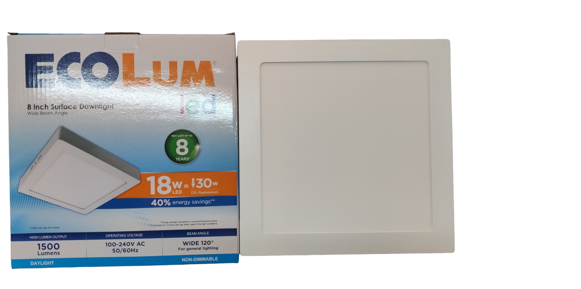 Ecolum 8 inch LED downlight daylight 6500K 18W with energy-saving features and 1500 lumens brightness