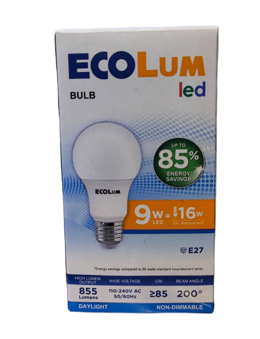 Ecolum 9W LED bulb daylight E27 with 855 lumens energy-efficient light bulb packaging