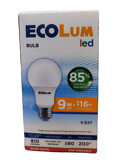 Ecolum 9W LED bulb warm white packaging showcasing energy savings and specifications