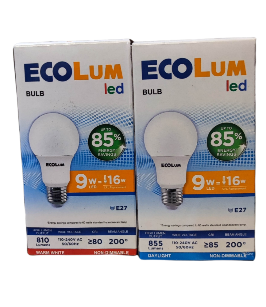 Ecolum 9W LED bulb warm white packaging showcasing energy savings and light specifications