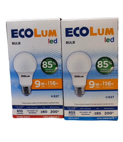 Ecolum 9W LED bulb warm white packaging showcasing energy savings and light specifications