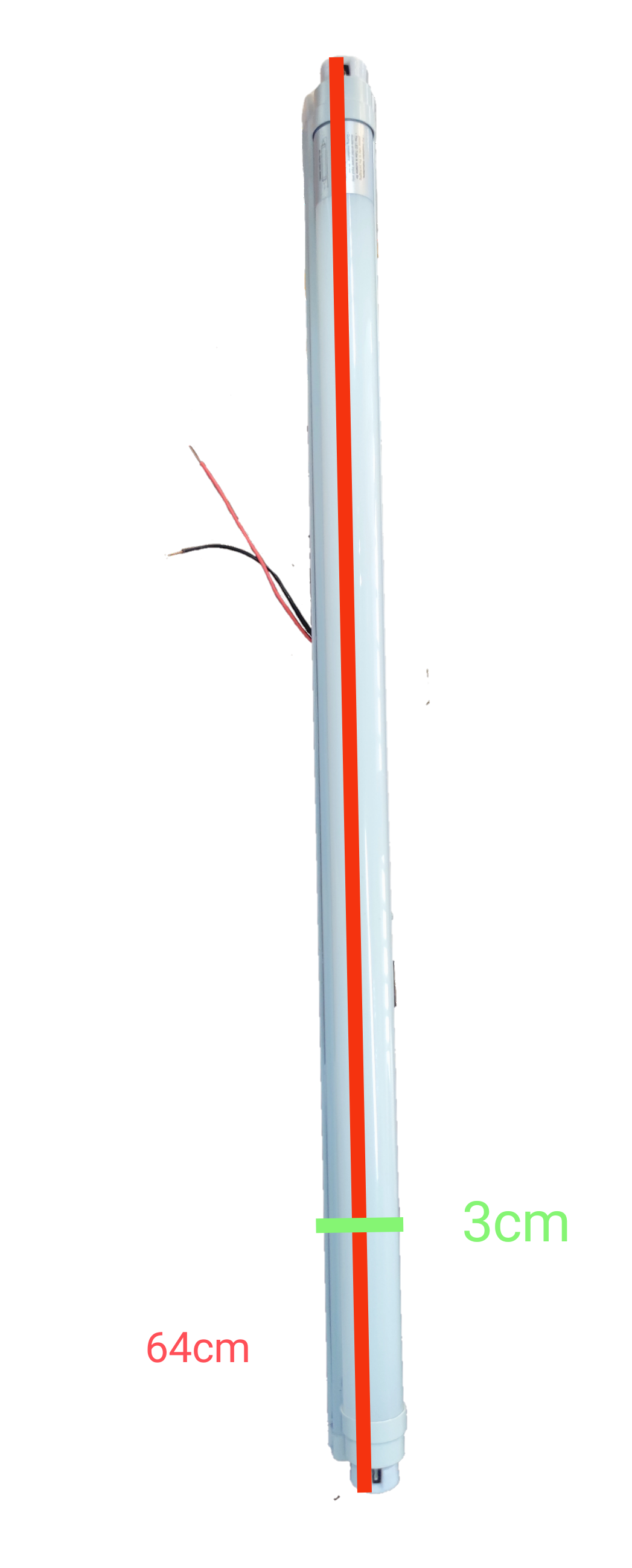 Ecolum 9W T8 LED tube light with fixture measuring 64cm length and 3cm diameter