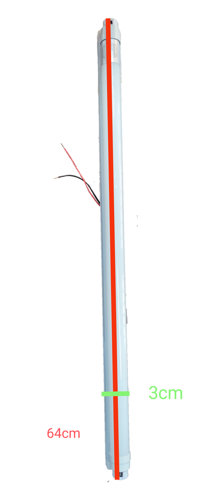 Ecolum 9W T8 LED tube light with fixture measuring 64cm length and 3cm diameter