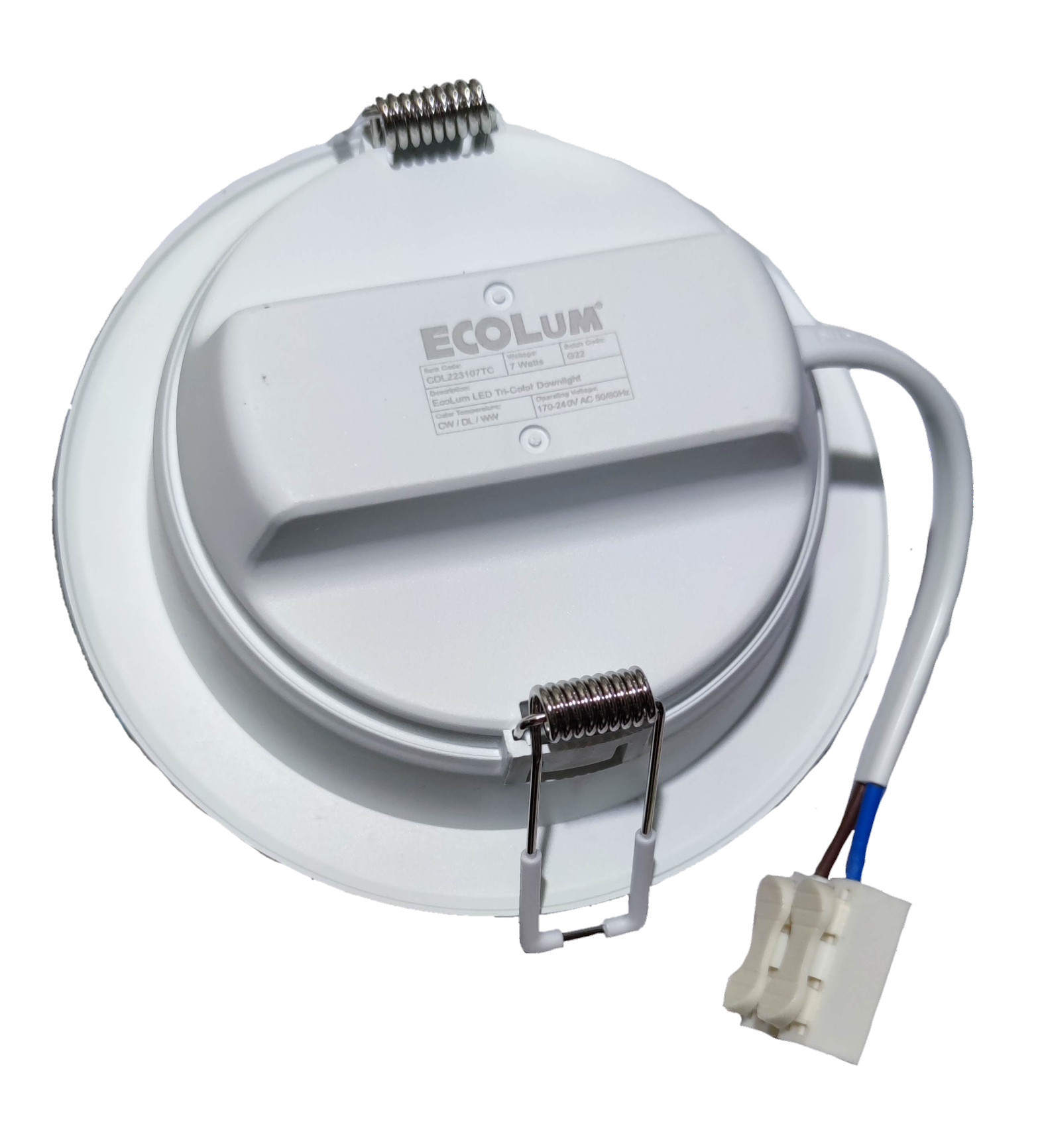 Ecolum tri color LED downlight 7W 220V with a sleek white design for modern ceilings