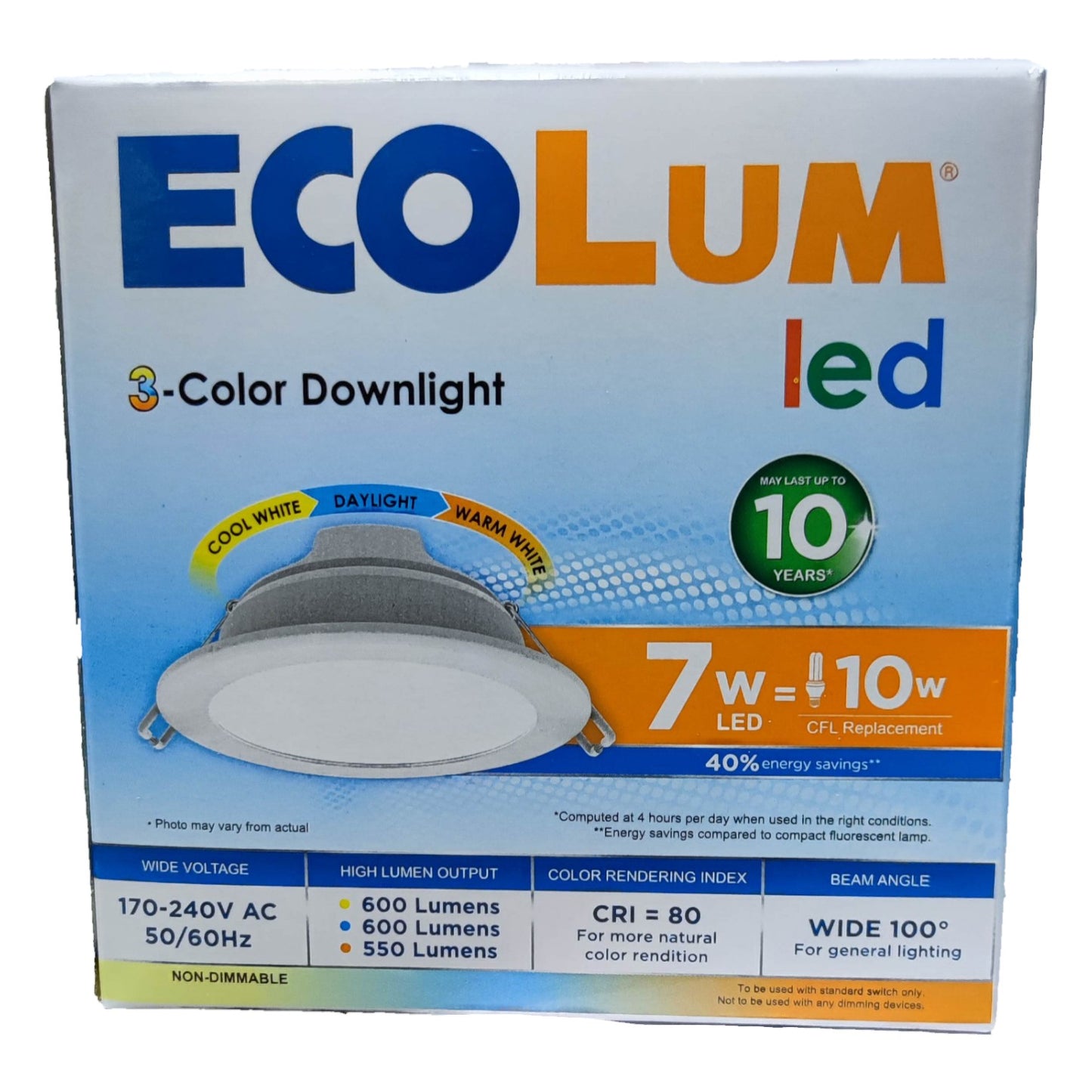 Ecolum 7W Tri Color LED Downlight 220V CDL223107TC Warm White 3000K , Daylight 6500K and Cool White 4000K Cut Hole Dia 90mm Face Dia Ø 113mm x Thickness 45mm