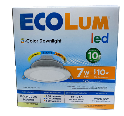 Ecolum tri color LED downlight 7W 220V box with features for energy-efficient lighting
