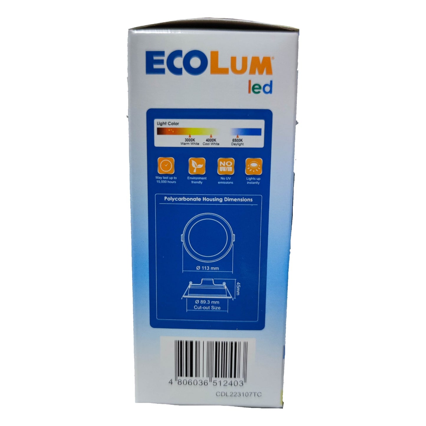 Ecolum 7W Tri Color LED Downlight 220V CDL223107TC Warm White 3000K , Daylight 6500K and Cool White 4000K Cut Hole Dia 90mm Face Dia Ø 113mm x Thickness 45mm