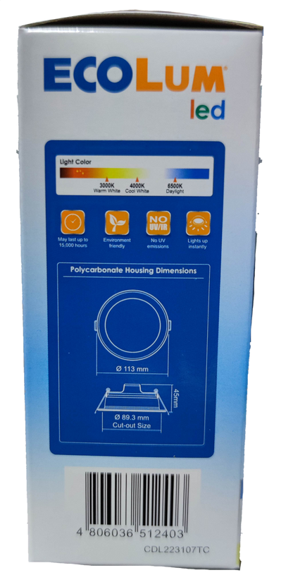 Ecolum tri color LED downlight 7W 220V packaging showing light color options and dimensions