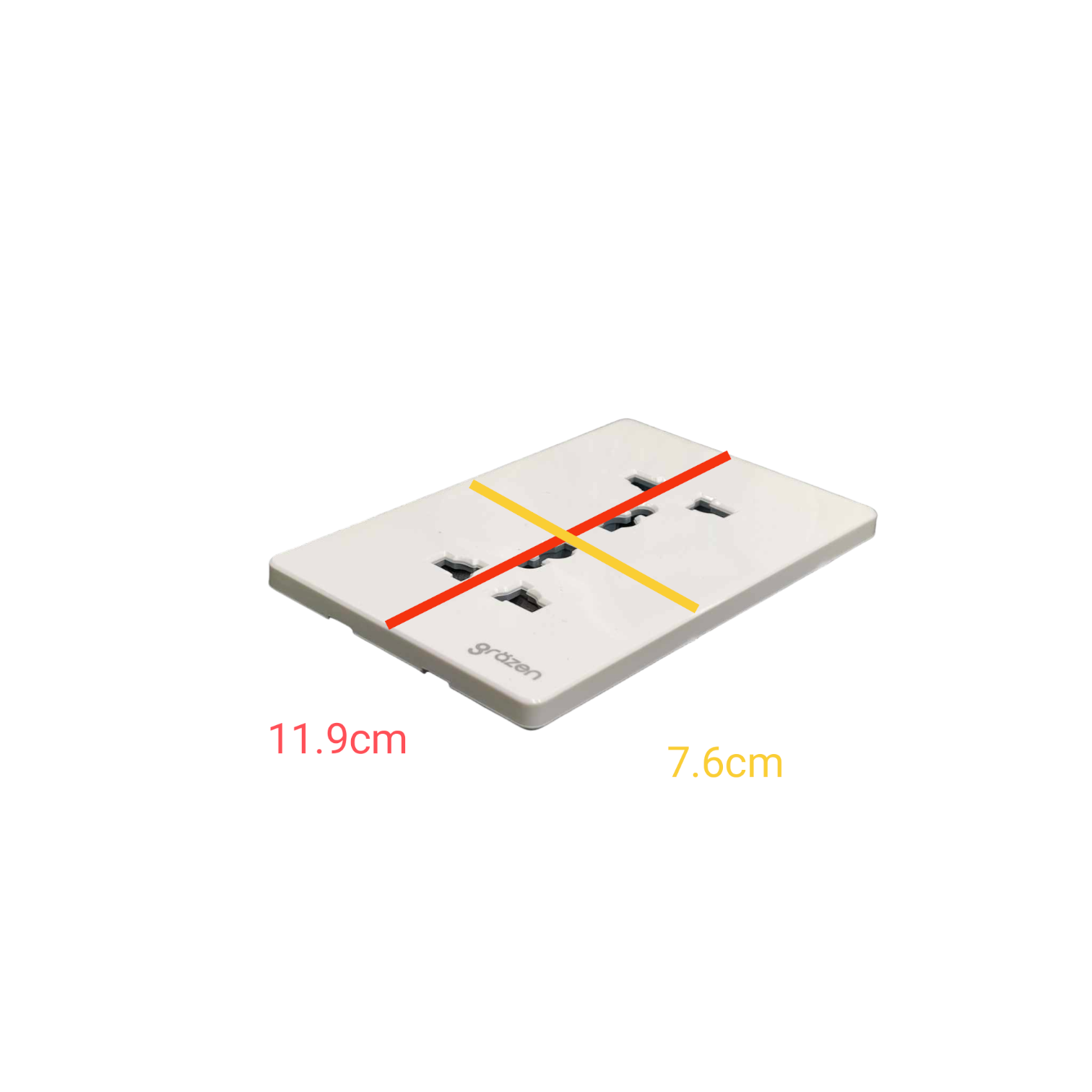 A white double power outlet socket with red and yellow measurement lines overlaid, showing dimensions of 11.9cm and 7.