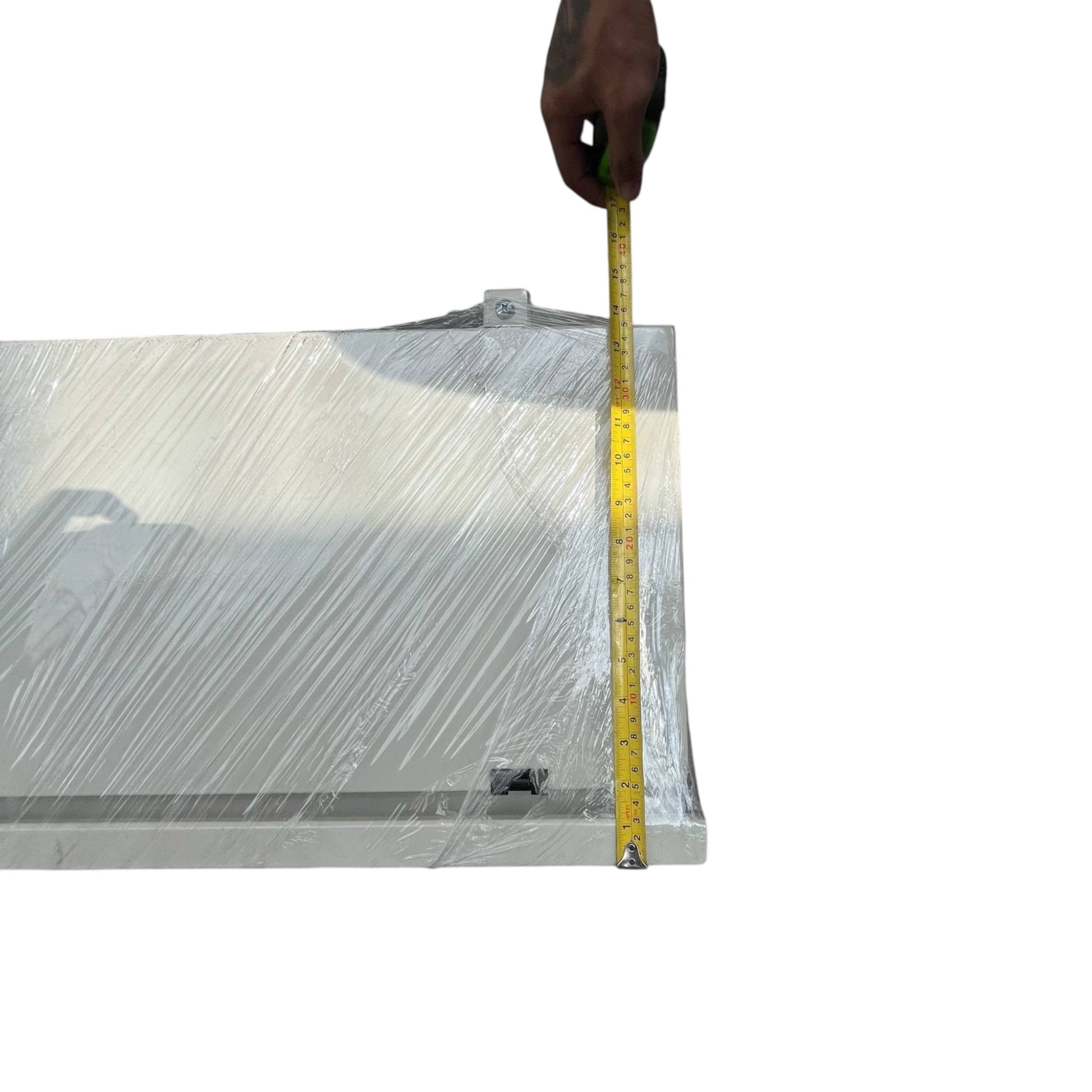 Local Bus Bar Gutter 3 Phase 600AF white metal gutter wrapped in plastic with hand holding tape measure