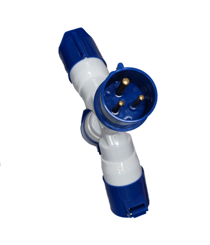 Grippes blue and white 3 pin 220V industrial plug adapter with angled male pins for heavy duty connections