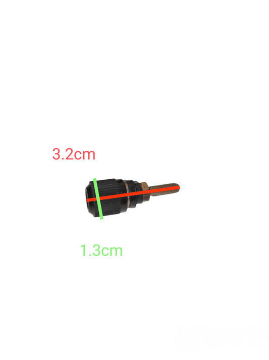 Black electrical binding post for school projects with dimensions 3.2 cm by 1.3 cm