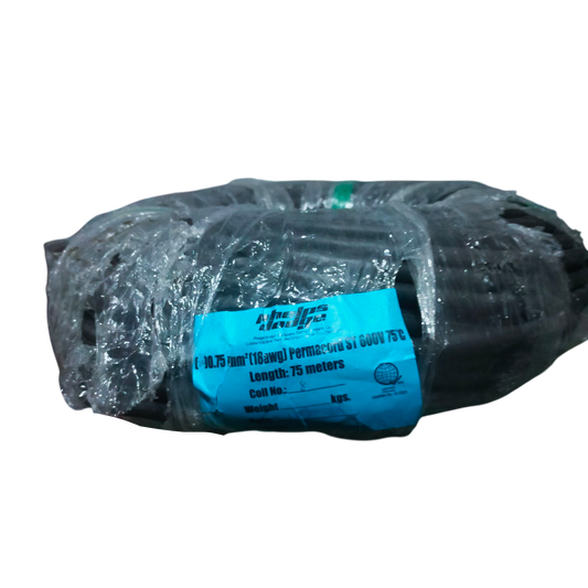 Phelps Dodge 18 gauge 2 core electrical wire wrapped in plastic with blue label