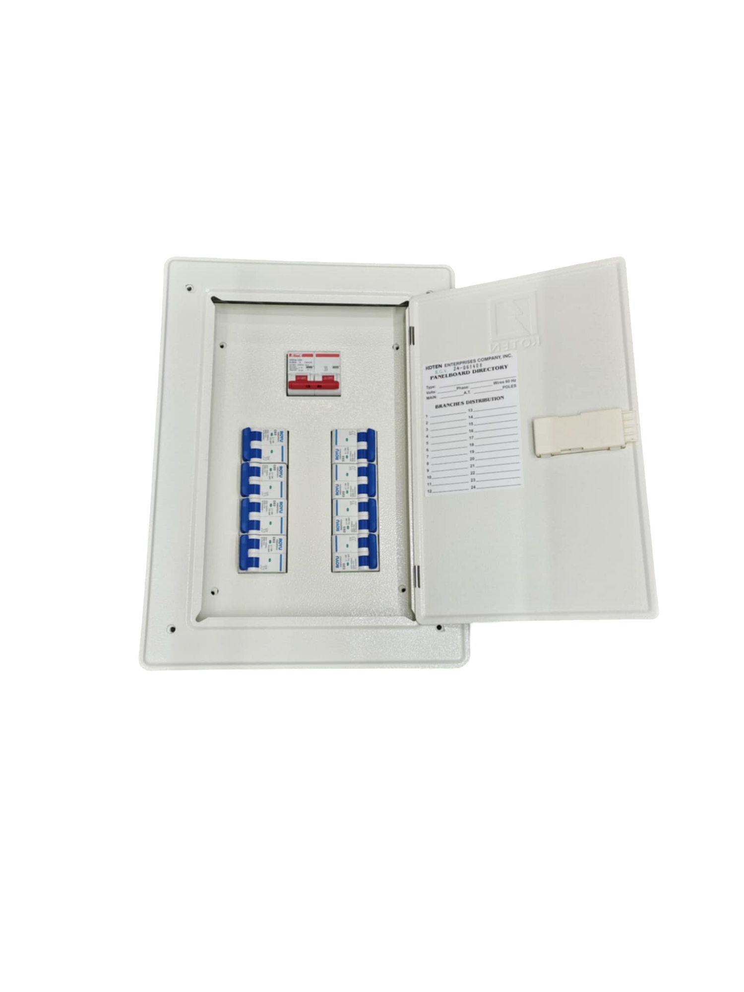 Royu Koten Himel white panel with open door showing 125A panel board 2P main breaker and blue breakers