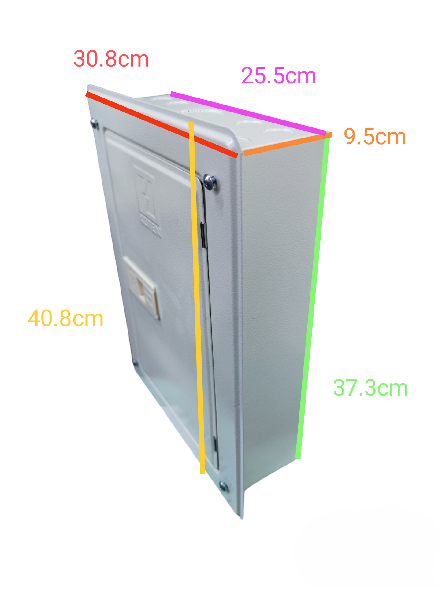 Royu Koten Himel metal electrical enclosure showing dimensions for 125A panel board 2P main breaker installation