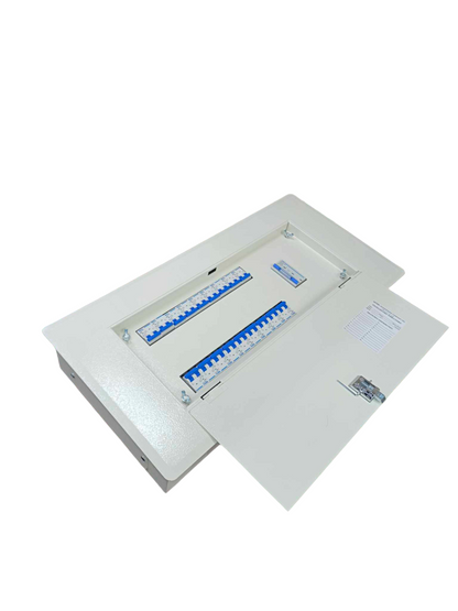Chint Royu white metal distribution board with open door showing breakers 18 branches Distribution with 125A 3 Phase