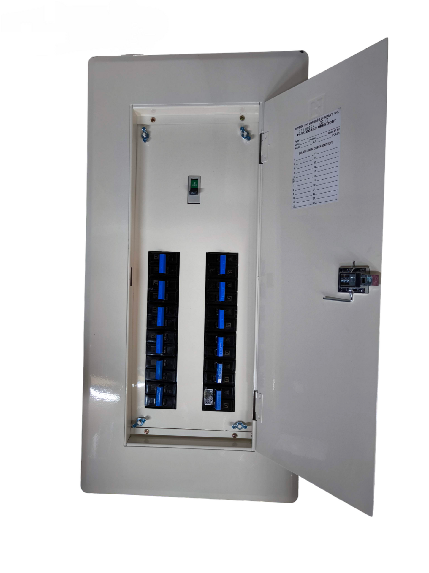Koten electrical panel with open door and double breaker columns 12 Branches 2P 125A Main with HPH B-On .