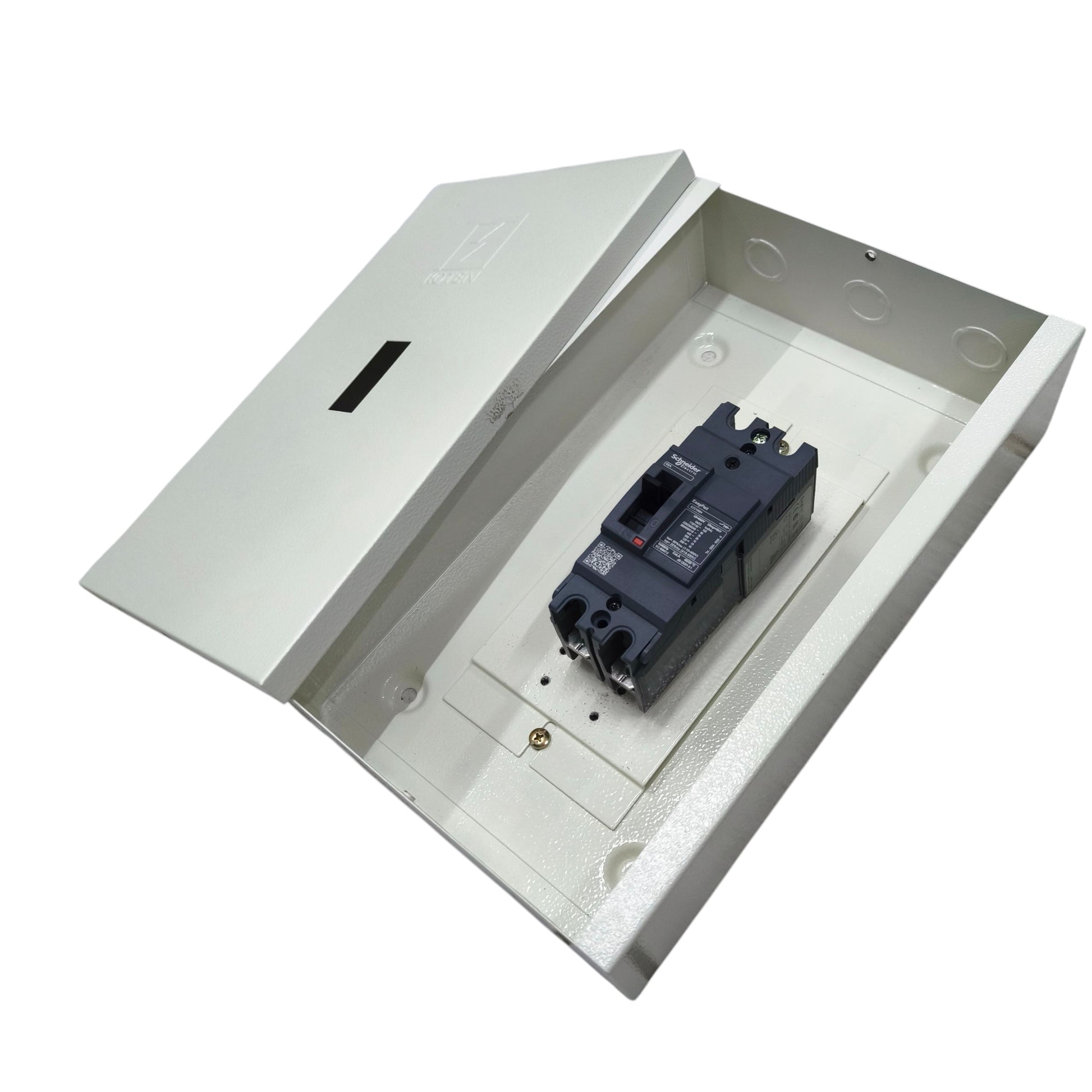 Schneider Circuit Breaker housed in a white panel, available at electx Electrical Supply