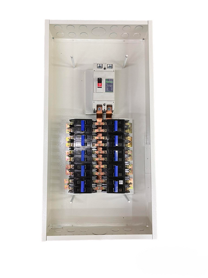 Koten Panel Board 10 Branches with 225a Main metal enclosure showing copper busbars and 10 branch breakers