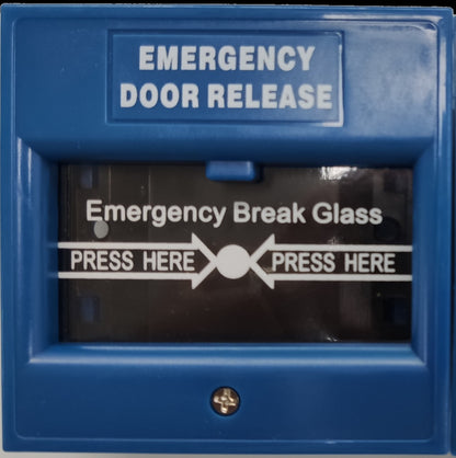 ZwitseRise blue Break Glass Fire Alarm Switch for emergency door release with press here instructions